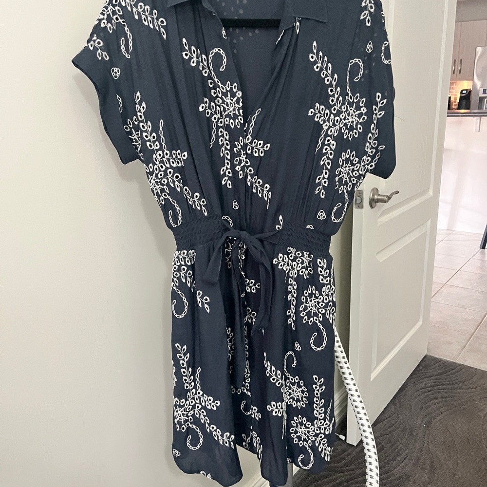 Tribal Summer Shirt Dress Navy Blue with Embroidered Florals